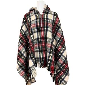 Vintage Plaid Hooded Poncho Cape Fringe Zip‎ Front Made in Colombia